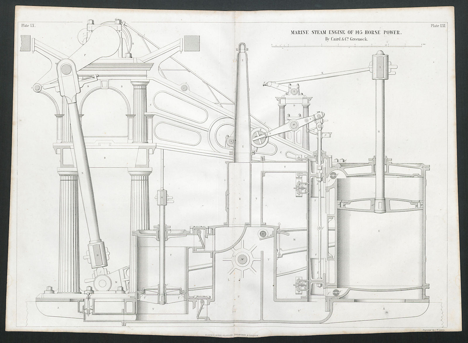 19C ENGINEERING DRAWING 145 HP marine steam engine. Caird & Co. Greenock 3 1847